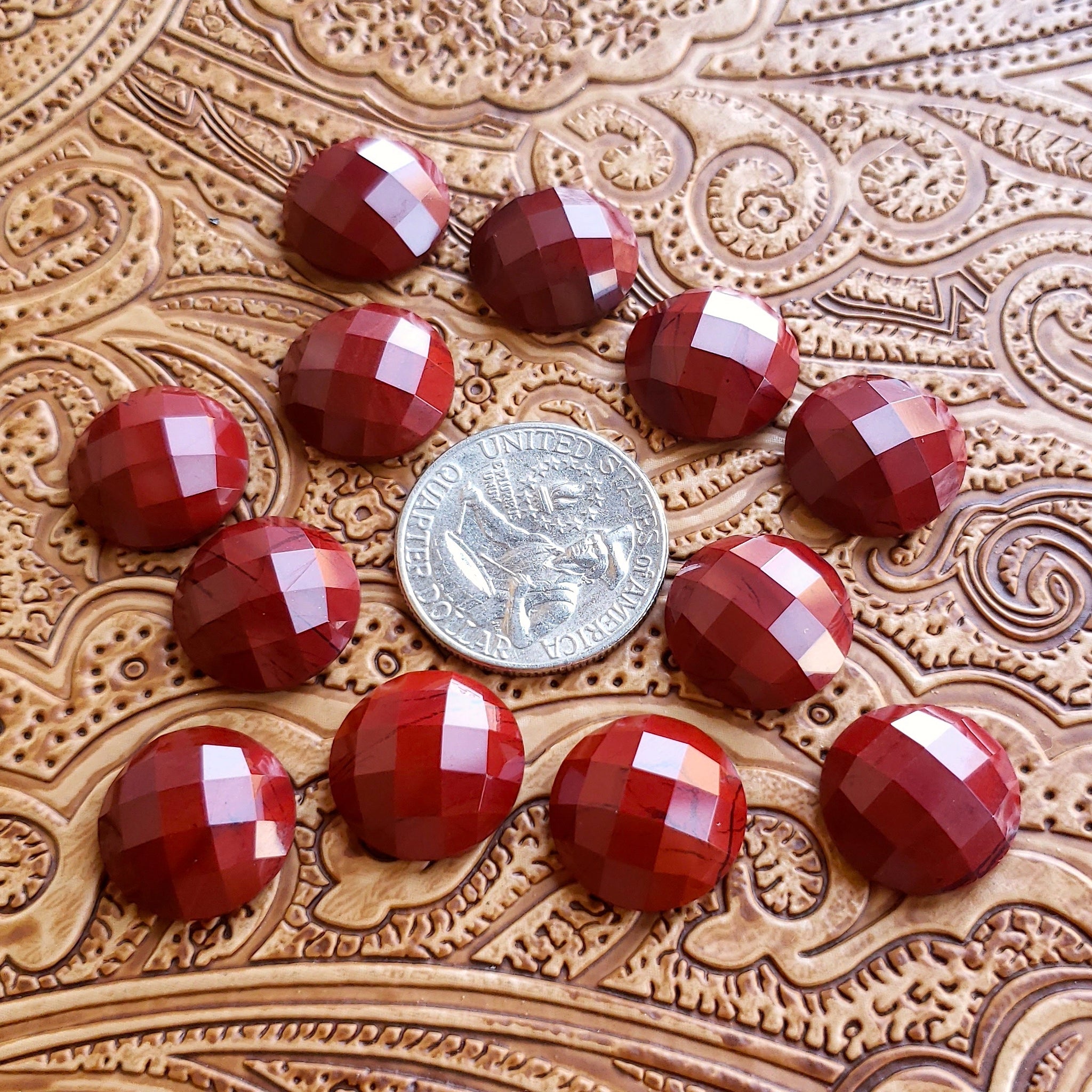 16mm Red Jasper Checker Cut Round Cab (1 pc)